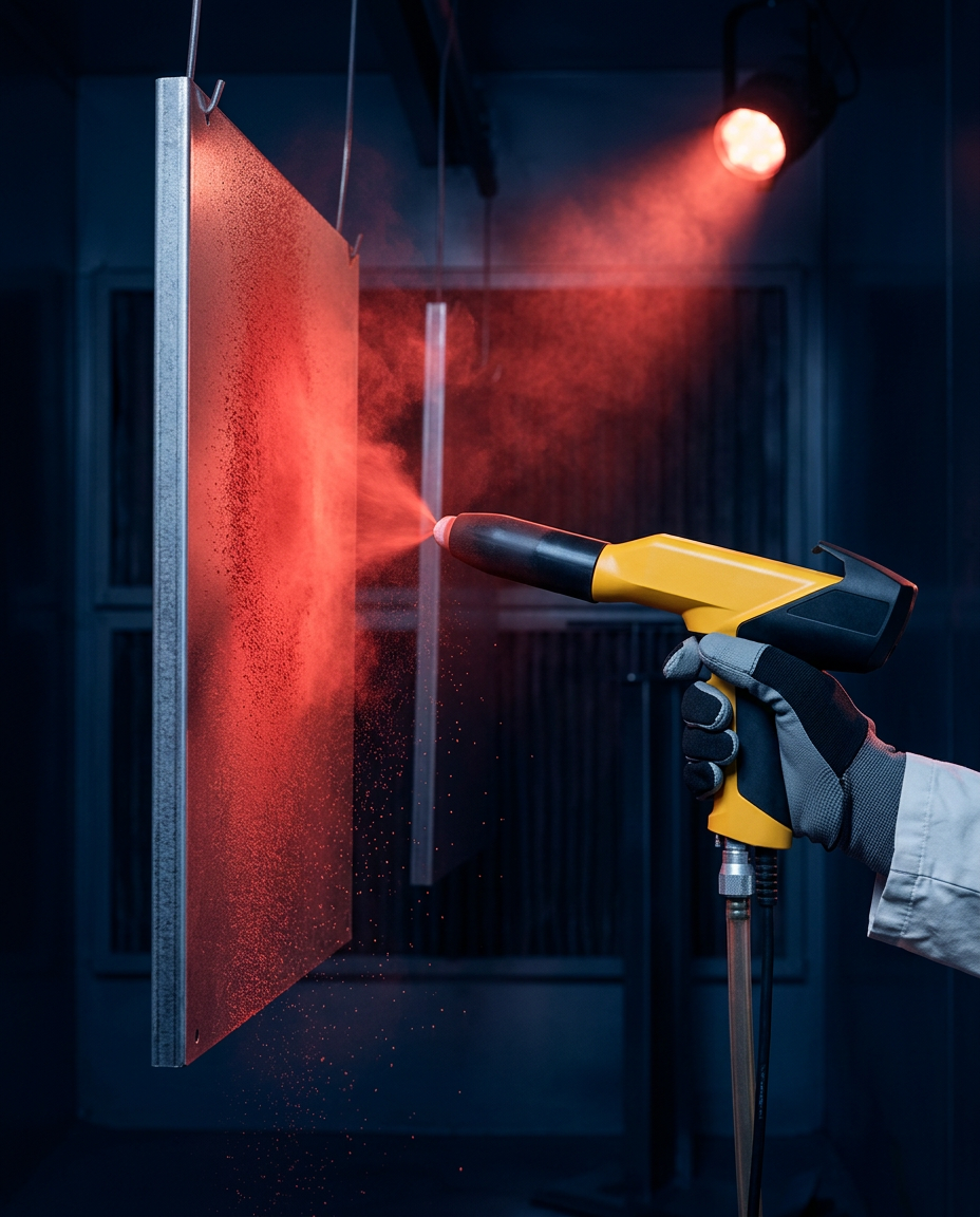 Image : Application de peinture en poudre électrostatique sur une pièce métallique avec un pistolet de pulvérisation